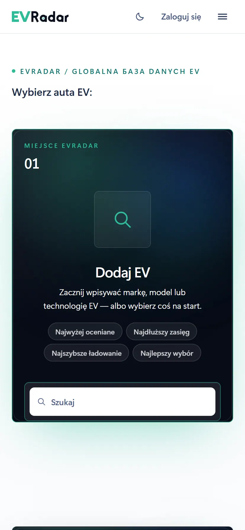 EVRadar — widok mobilny