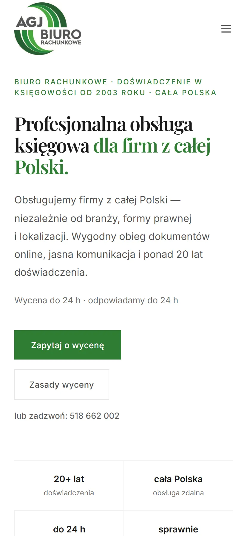 AGJ Biuro Rachunkowe — widok mobilny