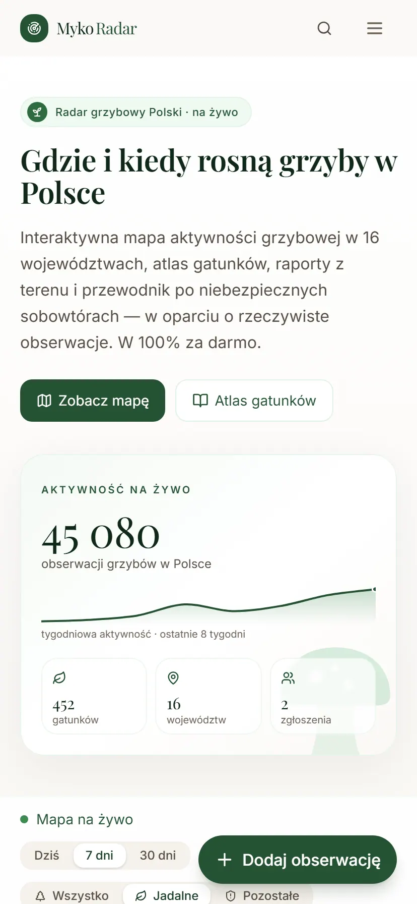 MykoRadar — widok mobilny