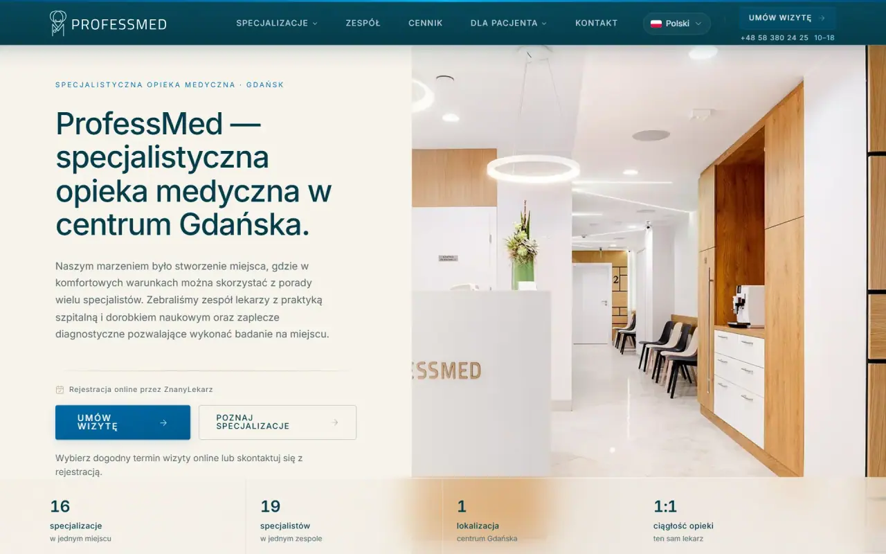 Strona ProfessMed z informacją o gabinecie i nawigacją do oferty medycznej