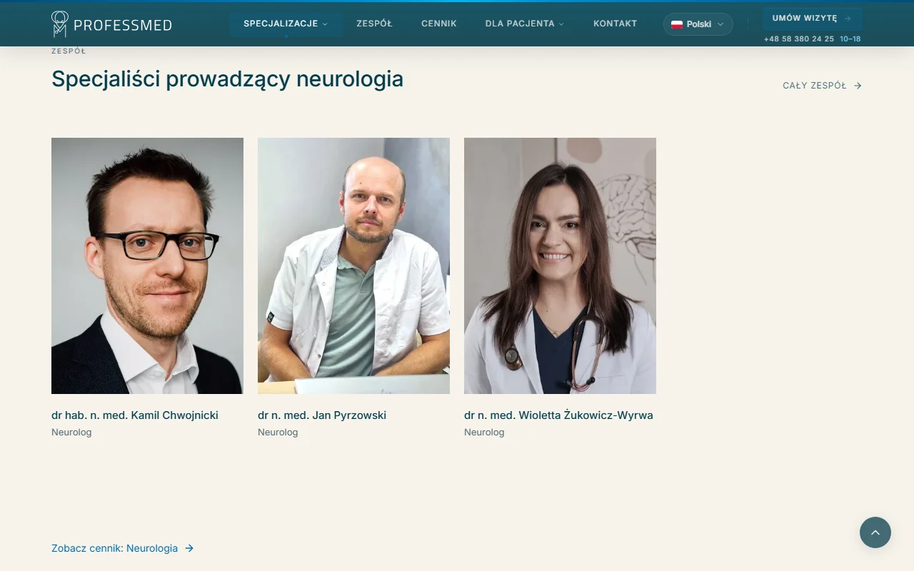 Neurologia — lekarze przypisani do specjalizacji i odnośnik do cennika